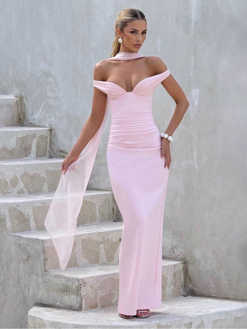 Elegant Off-Shoulder Pink Evening Gown